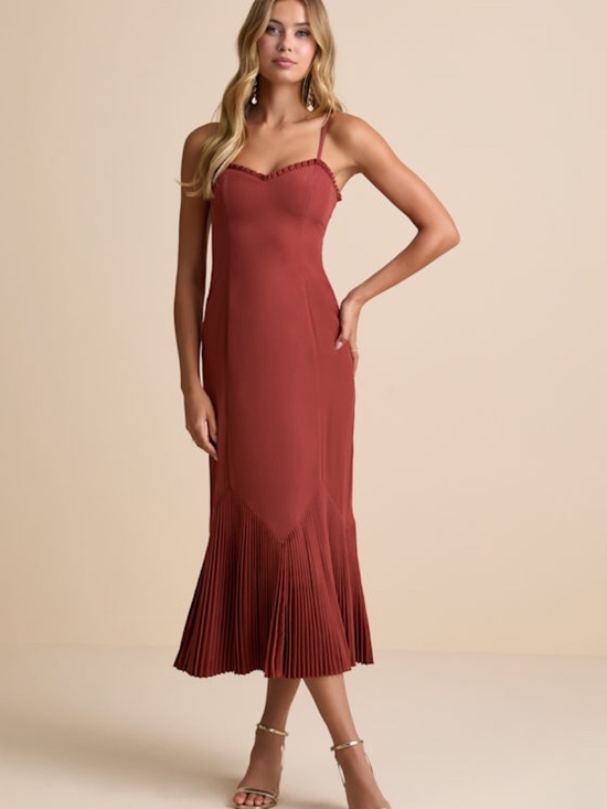 Lulus Dresses & Skirts - Lulus Channa Rust Red Pleated Hem Midi Dress - Size S